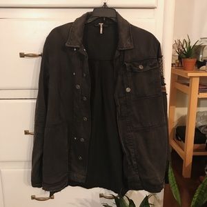 Free People Black Denim Military Jacket